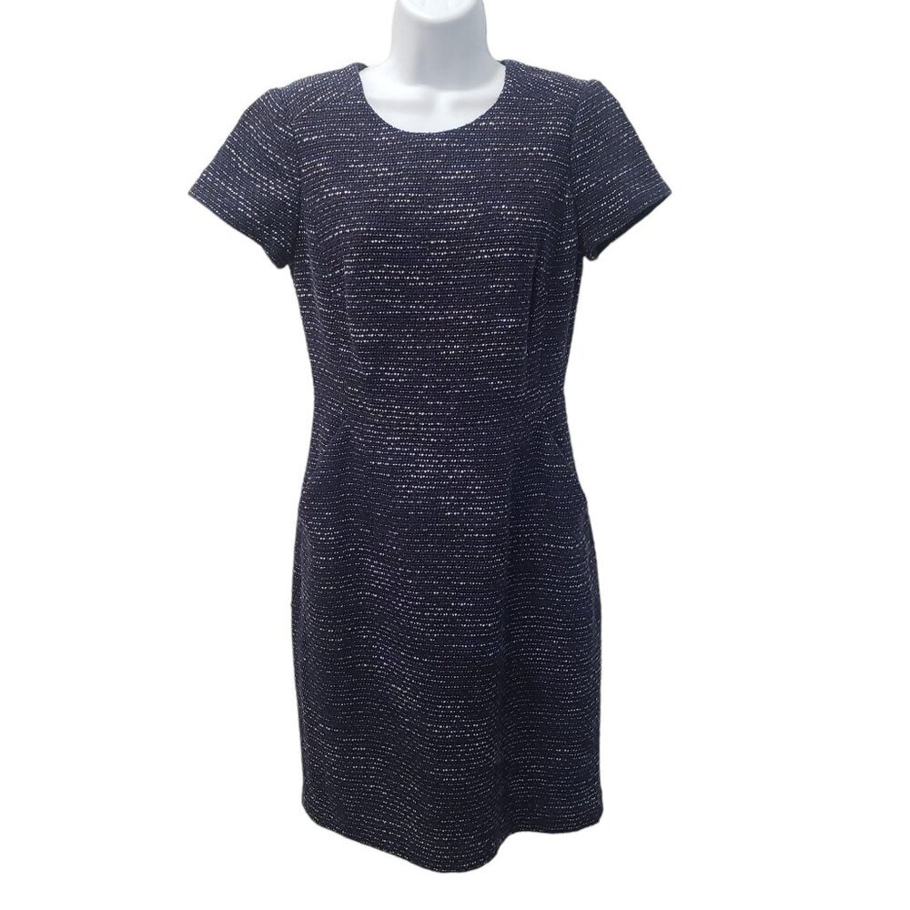 Boden Tweed Sheath Dress Knee Length Short Sleeves Pockets Blue 6R UK10R Career